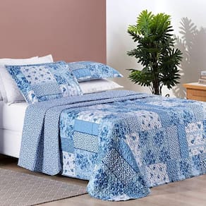 Colcha Estampada Dupla Face Bouti King 03 Peças - Azul Sereno
