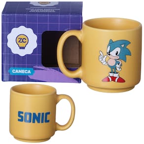 Mini Caneca Sonic Amarela Café Expresso Empilhável Cerâmica 100ML Oficial Sega