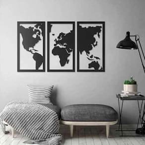 Quadro Decoração Vazado Mapa Mundi Mdf 6Mm Preto 130X80 Cm