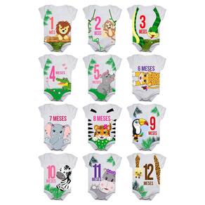 KIt Body de Bebê Mesversario Manga Curta Safari Selva Menina