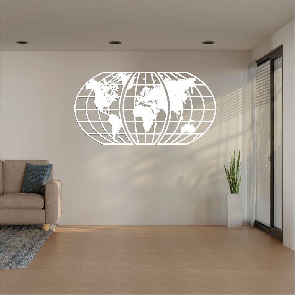 Quadro Decoração Vazado Mapa Mundi World Triplo Branco 70X37
