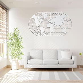 Quadro Decoração Vazado Mapa Mundi World Uno Branco 70X37 Cm