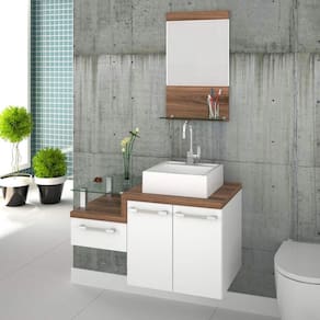 Gabinete para Banheiro 2 Portas 1 Gaveta com Cuba Q35 e Espelheira Legno 831W Espresso Móveis Branco C/Nogal