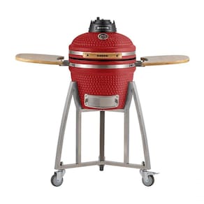 Churrasqueira Kamado Pequeno Rasco Vermelho C/ Grelha Aço Inox, Suporte E Mesas. Ideal P/ 5 Pessoas Vermelho