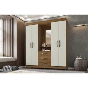 Guarda Roupa Casal com Espelho 4 Portas 3 Gavetas New Capela Espresso Móveis Freijó/Cinza Cristal