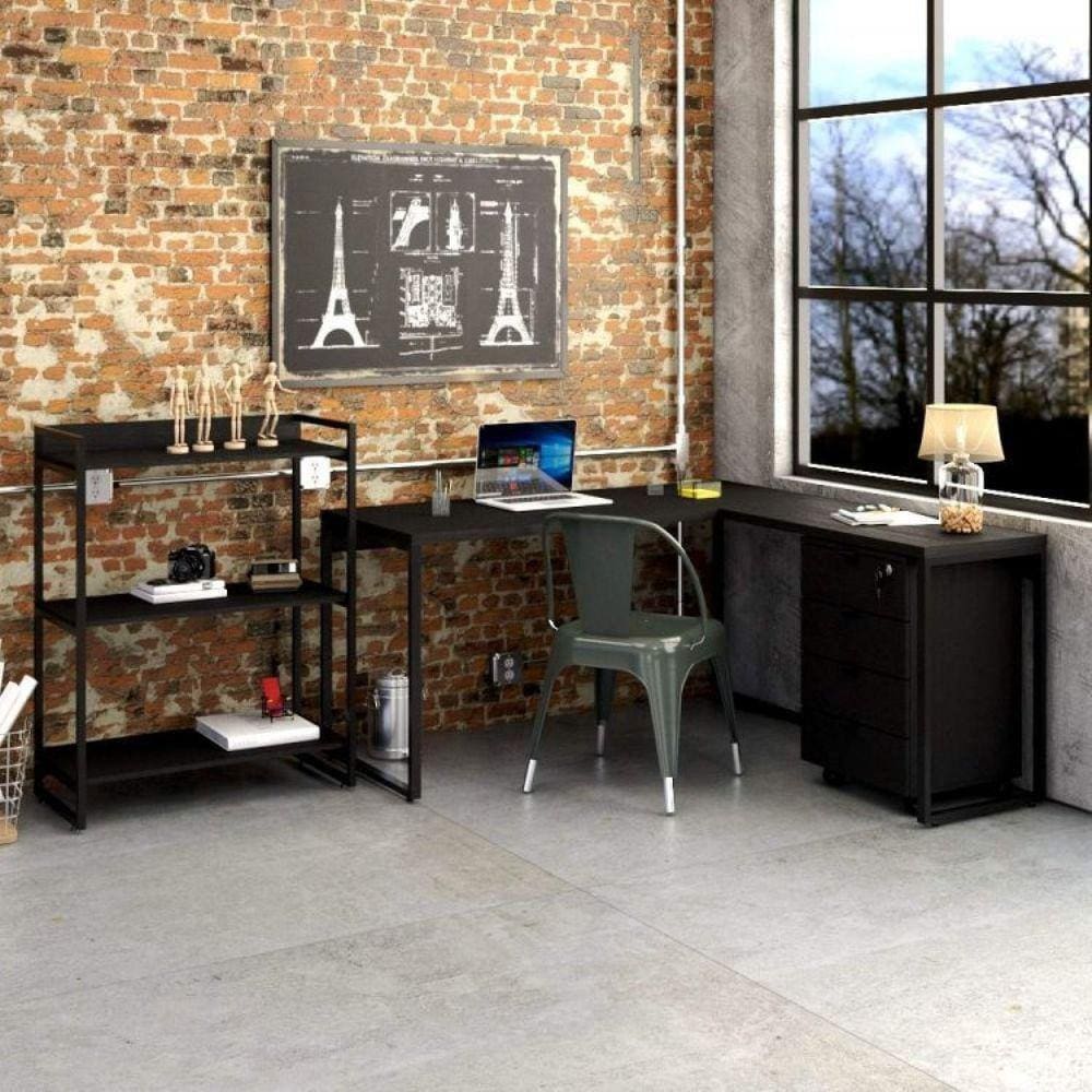 Escritório Completo com Mesa para Computador, Estante Livreiro e Gaveteiro Volante Espresso Móveis Preto/Ônix