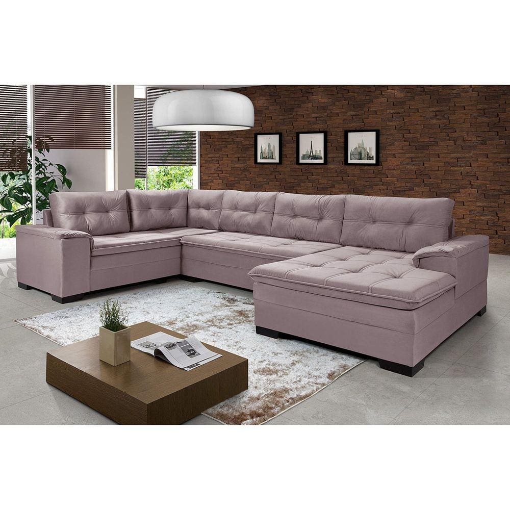 Sofá de Canto 6 Lugares com Chaise Suede Aveludado Viena Império Estofados Nude