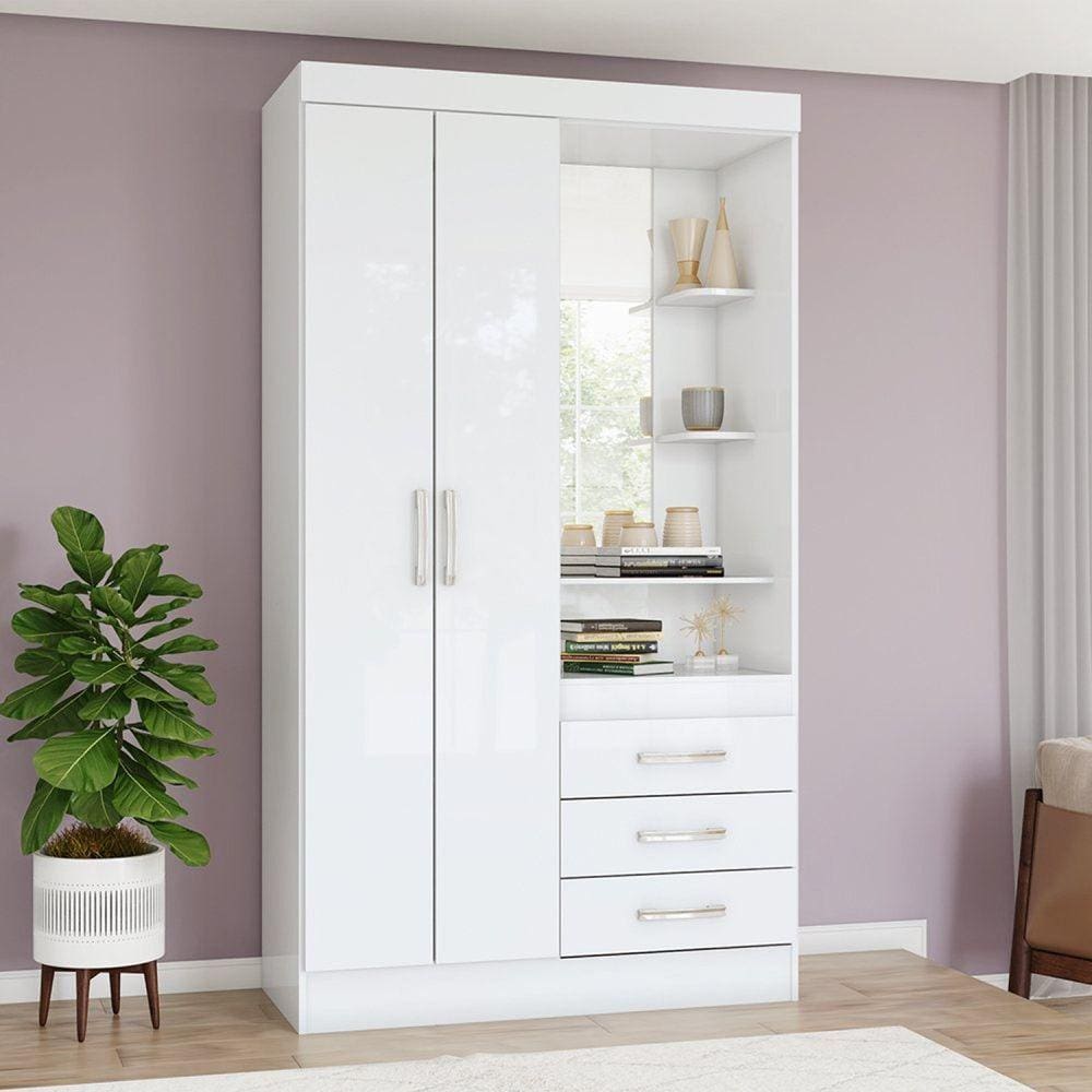 Guarda Roupa Solteiro com Espelho 2 Portas 3 Gavetas Savanna Espresso Móveis Branco/Rosa Chá