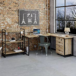 Conjunto Home Office 3 Peças com Mesa para Escritório em L, Estante e Gaveteiro Espresso Móveis Carvalho/Preto Ônix