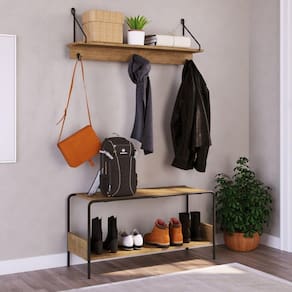 Conjunto Prateleira Decorativa com Sapateira banco Industrial Artesano Vermont/Preto