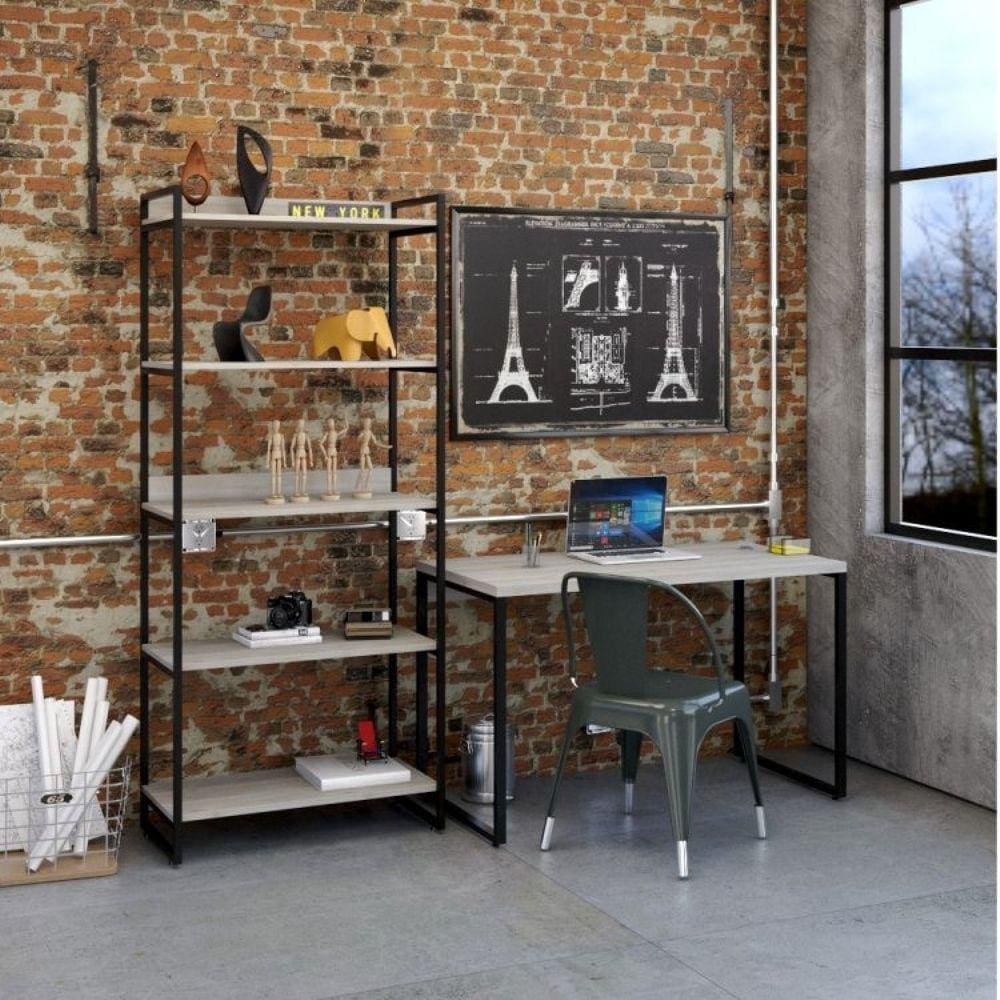 Conjunto Home Office 2 Peças com 1 Escrivaninha e 1 Estante 5 Prateleiras Kuadra Compace Snow