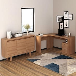 Conjunto Home Office 2 Peças com 1 Mesa para Escritório em L e 1 Balcão 3 Portas Tecno Mobili Amendoa