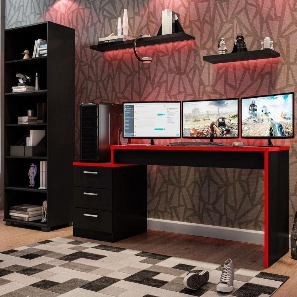 Conjunto Home Office 2 Peças Mesa Gamer e Estante 5 Prateleiras Móveis Leão Preto/Vermelho
