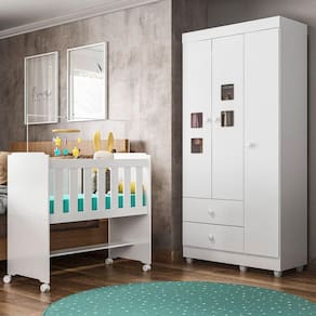 Quarto de Bebê 100% MDF com Mini Berço E Roupeiro Life 3 Portas Branco