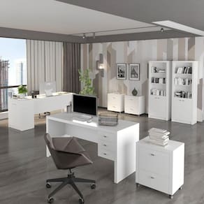 Conjunto Home Office 8 Peças com 2 Mesas, 3 Gaveteiros, 2 Estantes e 1 Balcão Espresso Móveis Branco