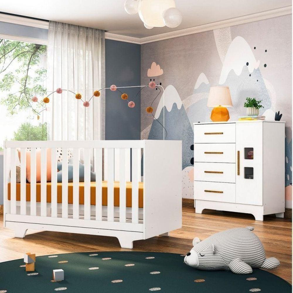 Conjunto Quarto de Bebê 100% MDF Mini Berço e Cômoda 1 Porta 4 Gavetas Branco