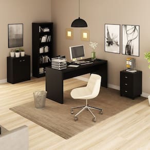 Conjunto Home Office 4 Peças com 1 Mesa, 1 Balcão, 1 Estante e 1 Gaveteiro Tecno Mobili Preto