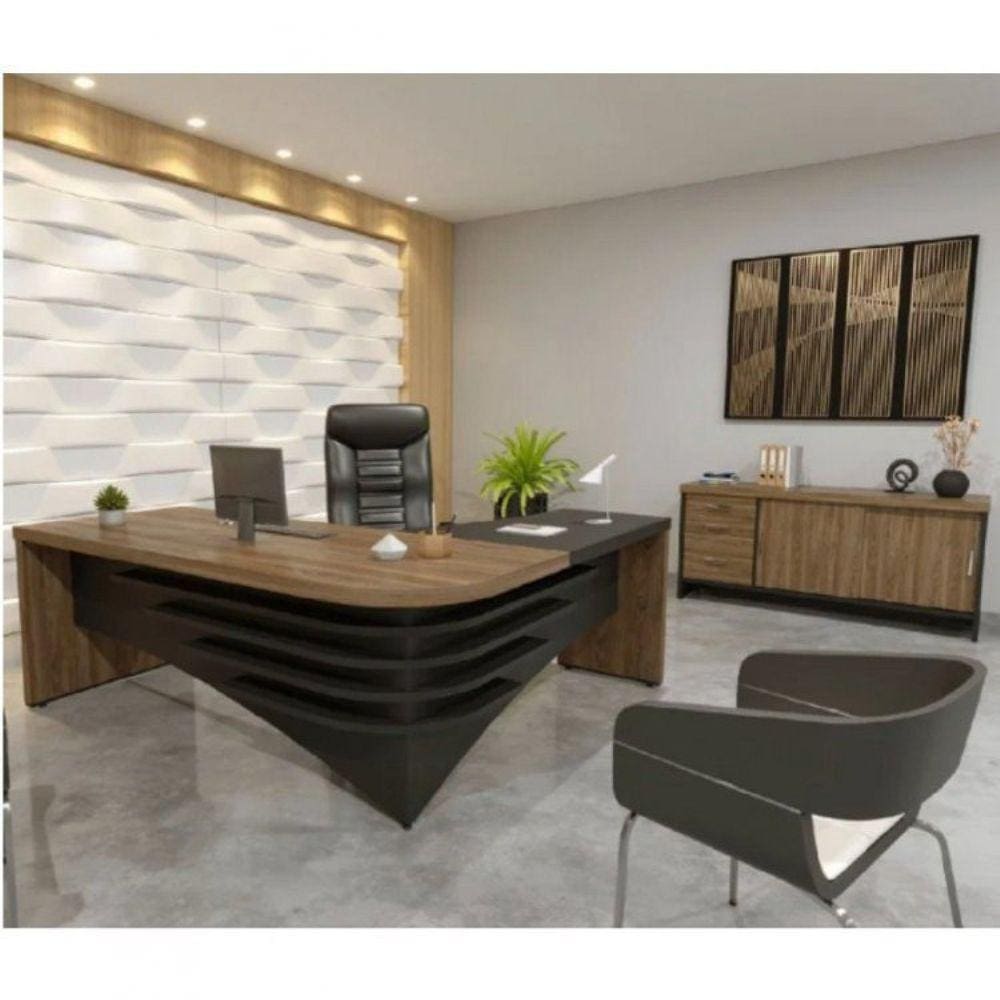 Conjunto Escritório 2 Peças com Mesa Diretor em L e Balcão em Tamburato Artany Charuto/Preto Charuto/Preto