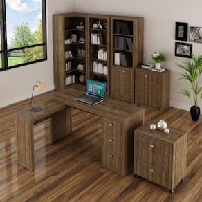 Conjunto Escritório 6 Peças 1 Mesa em L, 1 Balcão, 1 Gaveteiro, 1 Armário e 2 Estantes Tecno Mobili Nogal