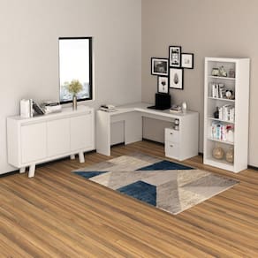 Conjunto Home Office 3 Peças 1 Escrivaninha em L 1 Estante e 1 Balcão 3 Portas Tecno Mobili Branco