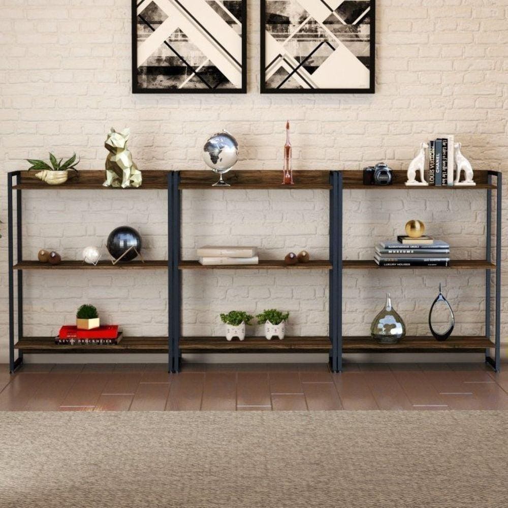 Conjunto 3 Estantes para Livros Baixas Industrial Aço 3 Prateleiras 104x80cm Active Yescasa Carvalho Dark