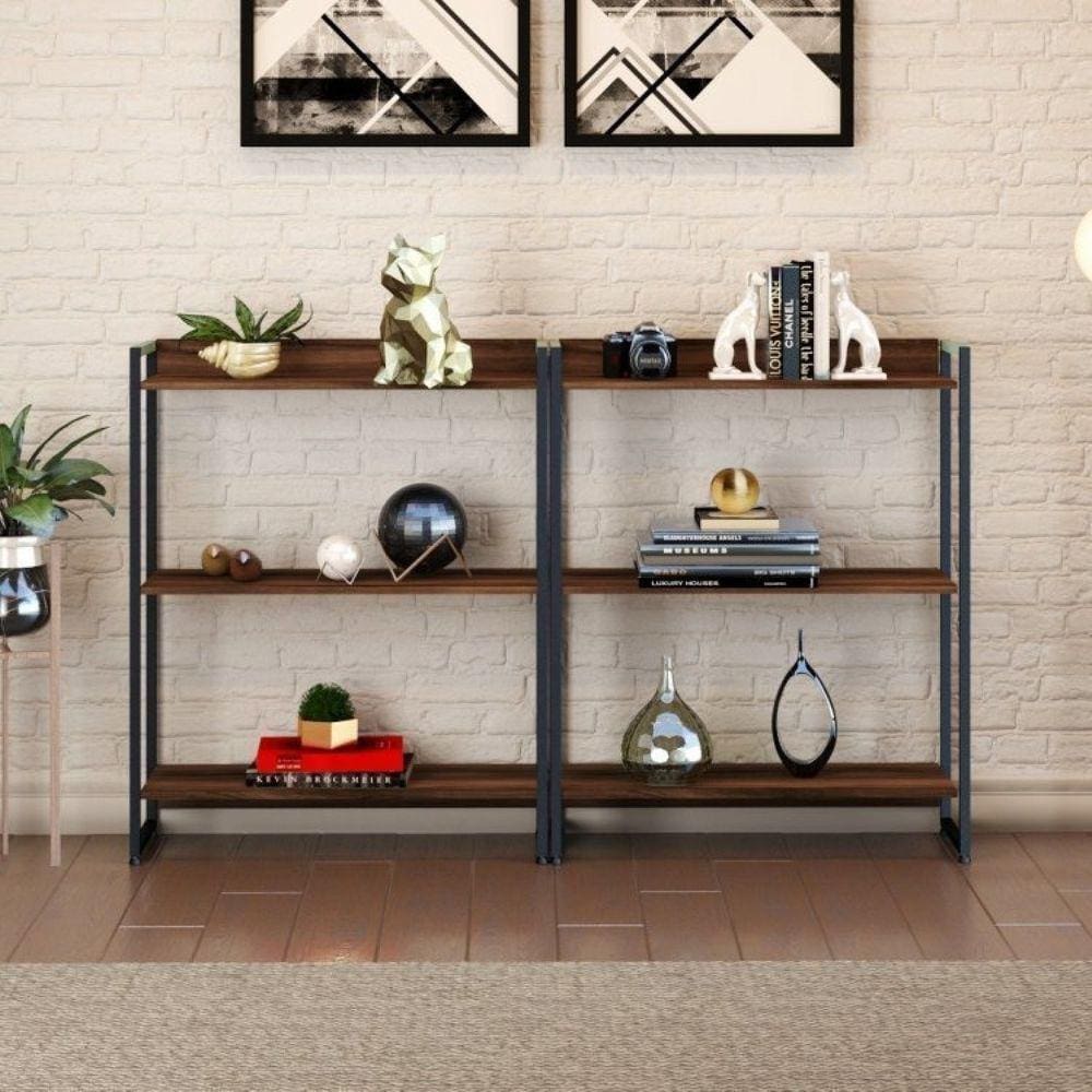 Conjunto 2 Estantes para Livros Baixas Industrial Aço 3 Prateleiras 104x80cm Active Yescasa Nogal
