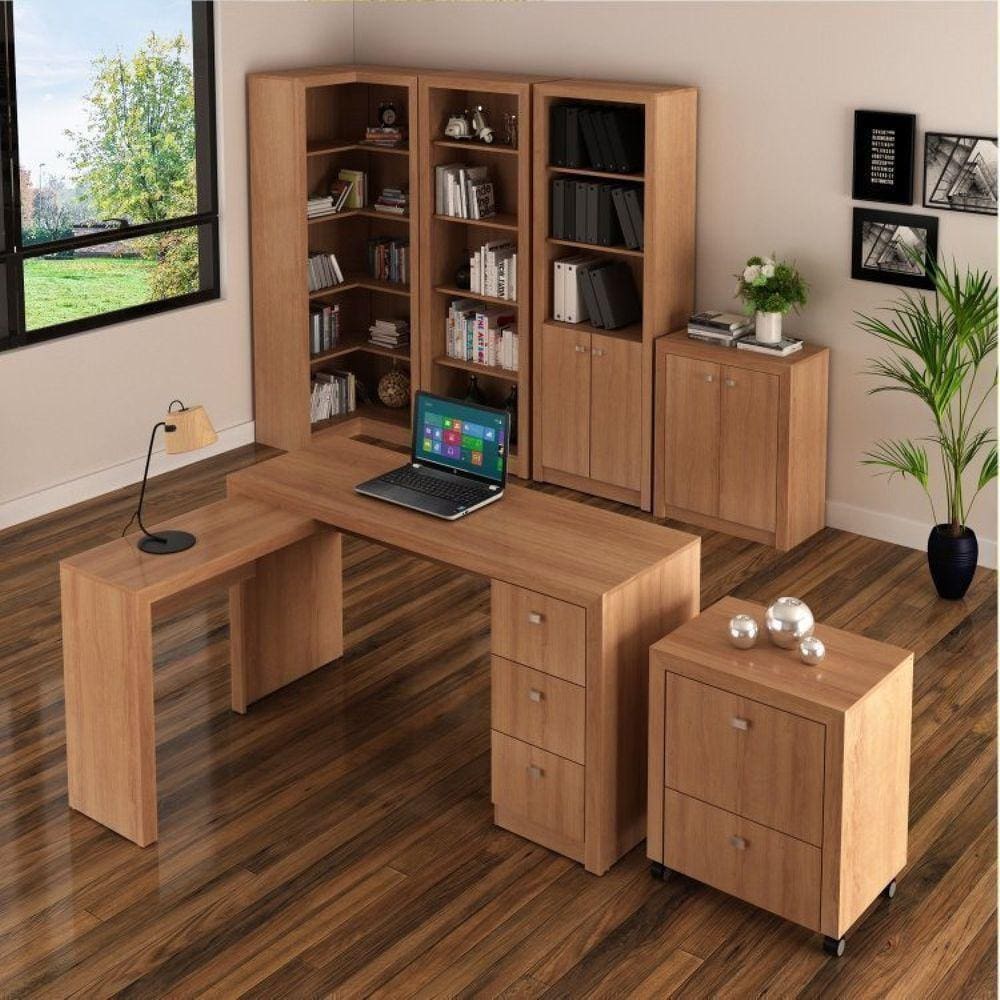 Conjunto Escritório 6 Peças 1 Mesa em L, 1 Balcão, 1 Gaveteiro, 1 Armário e 2 Estantes Tecno Mobili Amendoa