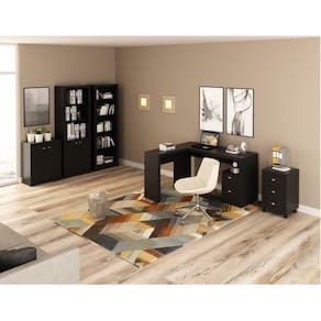 Conjunto Home Office 5 Peças com 1 Mesa, 1 Armário, 1 Gaveteiro, 1 Estante e 1 Balcão Tecno Mobili Preto