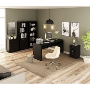 Conjunto Home Office 5 Peças com 1 Mesa, 1 Balcão, 1 Armário, 1 Estante e 1 Gaveteiro Tecno Mobili Preto