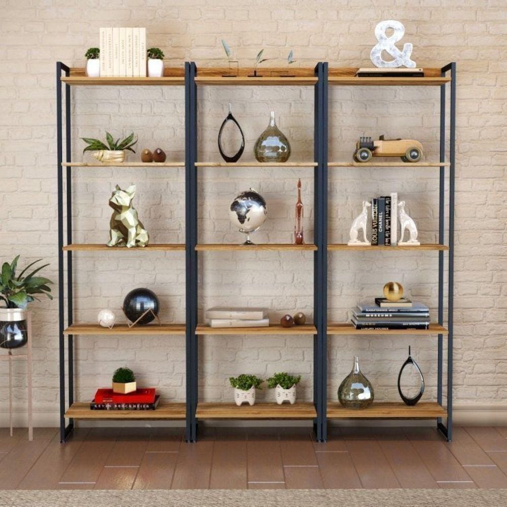 Conjunto 3 Estantes para Livros Industrial Aço Multiuso 15 Prateleiras Active Yescasa Snow