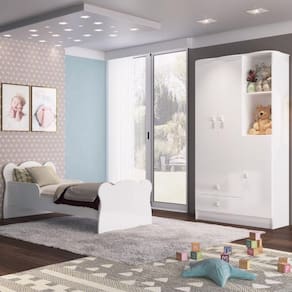 Quarto Infantil 4 Peças com Cama Roupeiro Cômoda e Nicho Docinho Móveis Percasa Branco