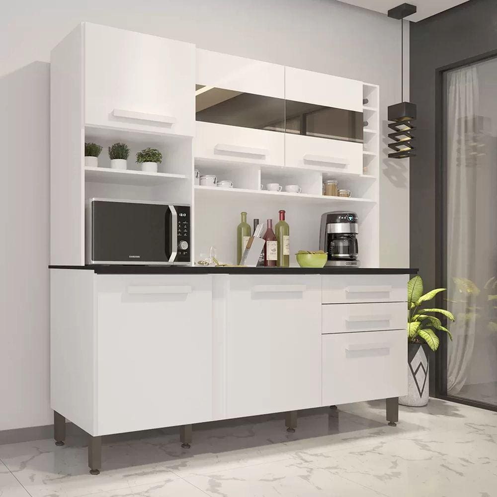 Cozinha Compacta Espelhada 6 Portas 2 Gavetas Alexia 182cm IMOP Móveis Branco Neve