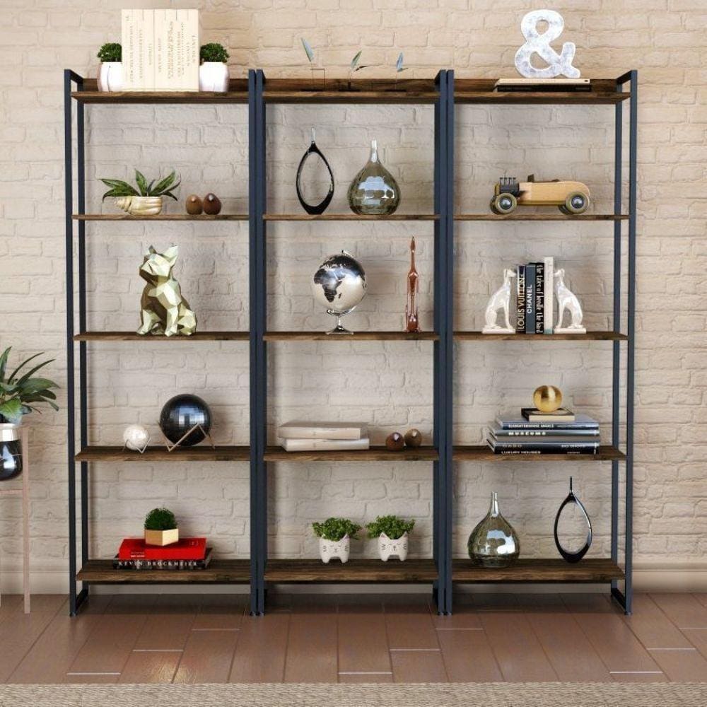 Conjunto 3 Estantes para Livros Altas Industrial Aço Multiuso 187x60cm Active Yescasa Carvalho Dark
