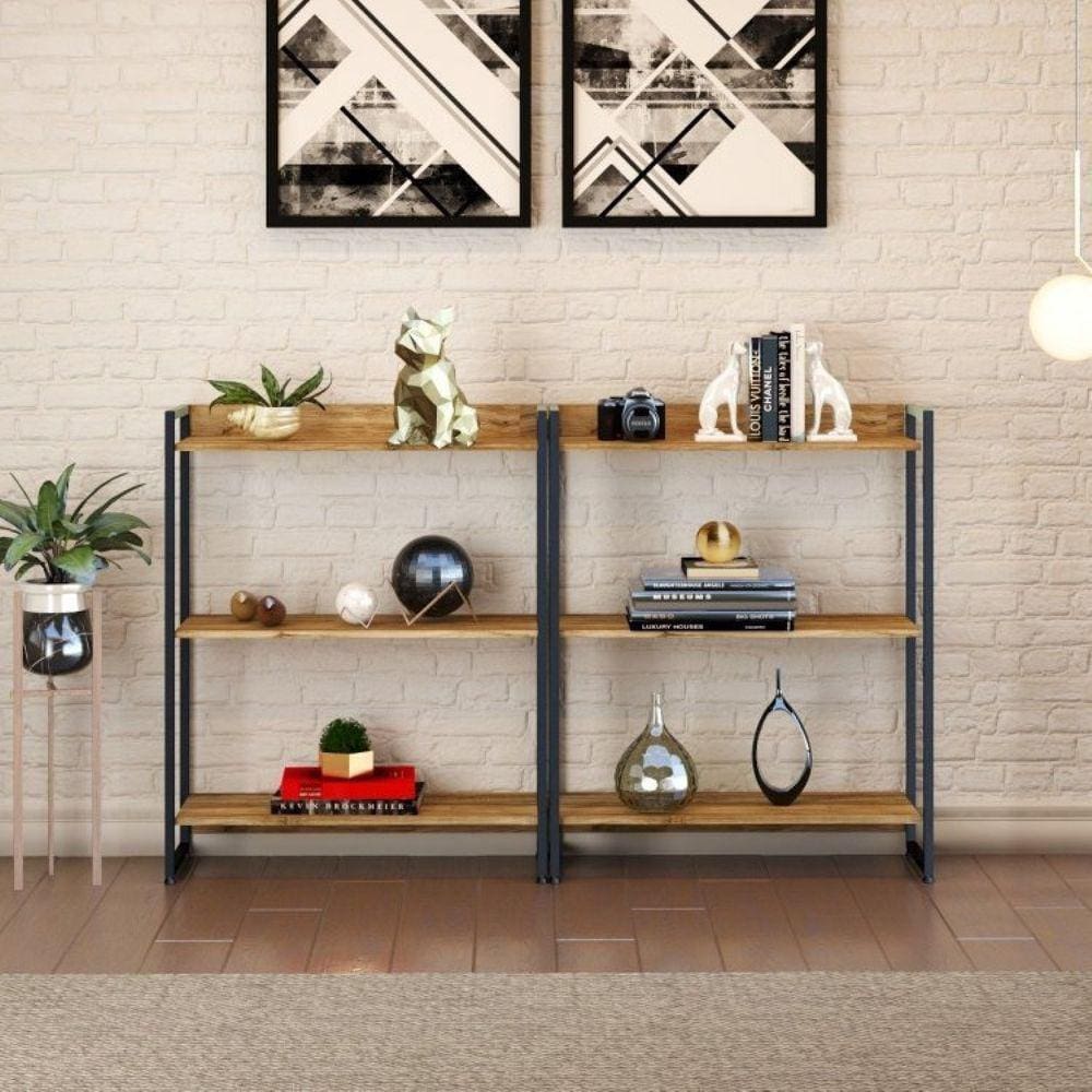 Conjunto 2 Estantes para Livros Baixas Industrial Aço 3 Prateleiras 104x80cm Active Yescasa Carvalho