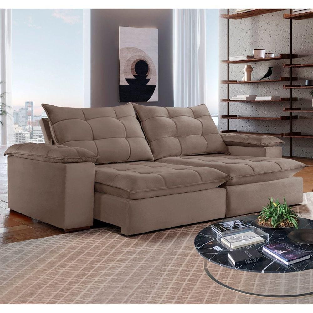 Sofá 4 Lugares Retrátil e Reclinável 250cm Espanha Celflex Bege Escuro