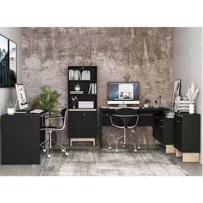 Conjunto Home Office com 1 Mesa em L 1 Mesa 135cm 1 Balcão 1 Estante Los Angeles Politorno Preto/Carvalho Claro