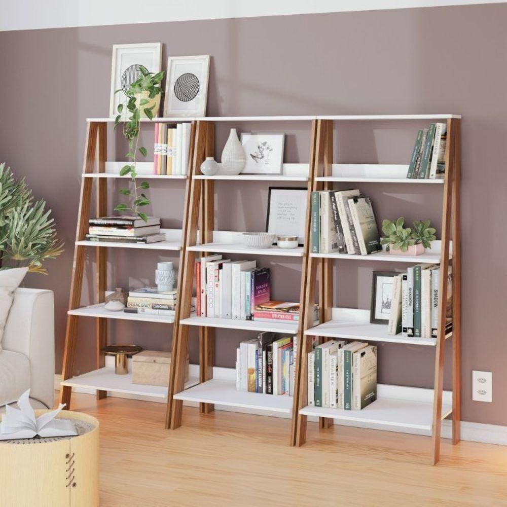 Conjunto de 3 Estantes para Livros Escada Biblioteca 140x61cm 4 Prateleiras Tok Yescasa Branco Neve/Noce Milano
