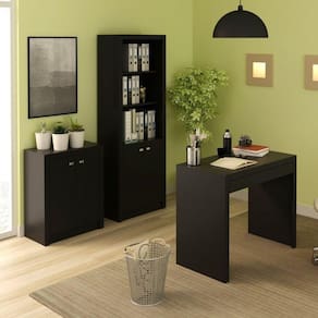 Conjunto Home Office 3 Peças Mesa, Estante 2 Portas e Balcão 2 Portas Espresso Móveis Preto