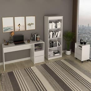 Conjunto Home Office 3 peças 1 Mesa para Escritório 1 Gaveteiro 1 Estante Espresso Móveis Branco