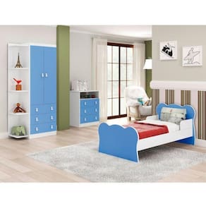 Quarto Infantil Guarda Roupa 2 Portas 3 Gavetas Cômoda 3 Gavetas 1 Nicho Mini Cama DJD Móveis Azul/Branco