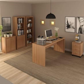 Conjunto Home Office 5 Peças com 1 Mesa 1 Balcão 1 Armário 1 Estante 1 Gaveteiro Espresso Móveis Amendoa