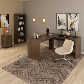 Conjunto Home Office 3 Peças com 1 Mesa em L 1 Estante 1 Gaveteiro Espresso Móveis Rústico