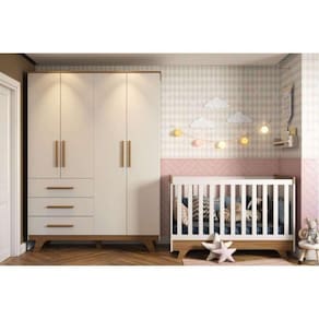 Quarto de Bebê Completo com Berço e Guarda Roupa 100% MDF Jolie Retrô Branco Brilho/Carvalho