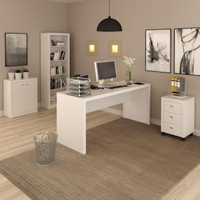 Conjunto Home Office 4 Peças com 1 Mesa 1 Balcão 1 Estante 1 Gaveteiro Espresso Móveis Branco
