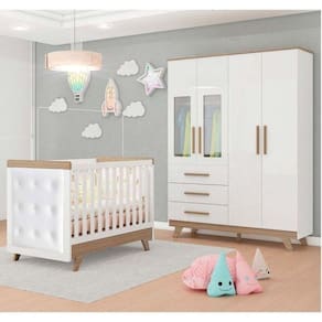 Quarto de Bebê com Guarda Roupa com Janela e Berço com Botões encapados Retrô Jolie Branco Brilho/Carvalho