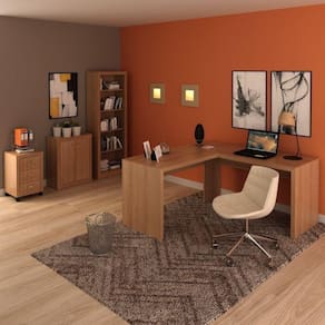 Conjunto Home Office 4 Peças com 1 Mesa em L 1 Balcão 1 Gaveteiro 1 Estante Espresso Móveis Amendoa
