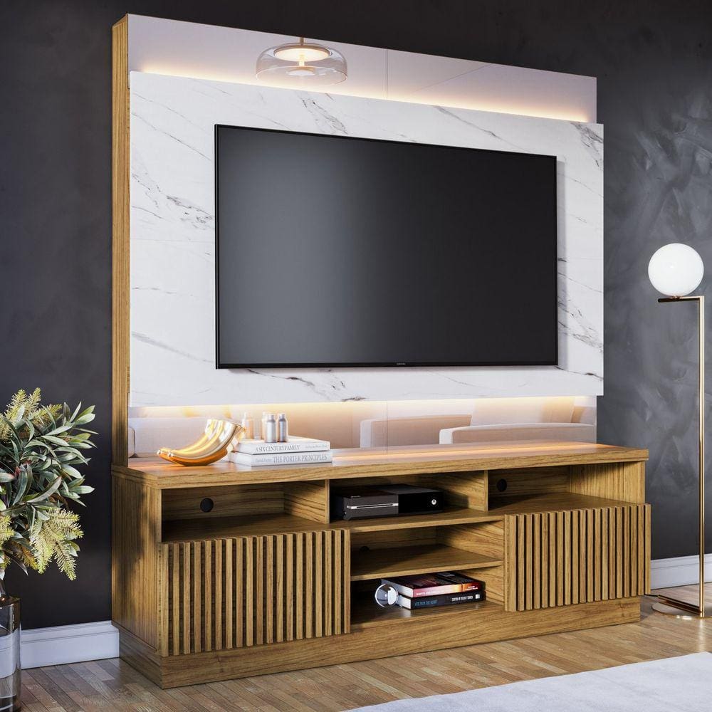 Estante Home para TV até 70 Polegadas com LED Ripado e Espelho Ibiza Yescasa Noce Milano/Calacatta
