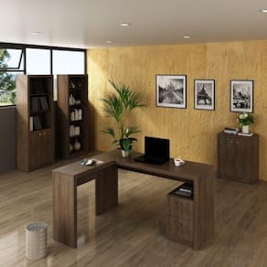 Conjunto Home Office 4 Peças 1 Mesa em L 2 Estantes 1 Balcão Espresso Móveis Rústico