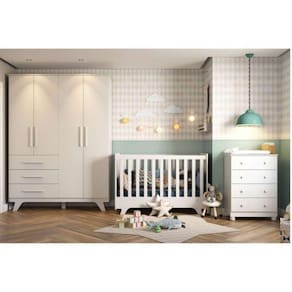 Quarto de Bebê Completo com Guarda Roupa 4 Portas 3 Gavetas Cômoda e Berço Retrô Móveis Peroba Branco