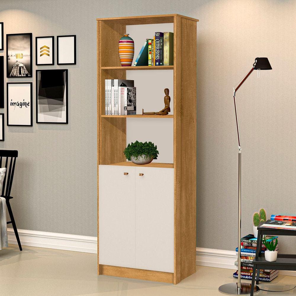 Estante para Livros 2 Portas 4 Prateleiras Office J&A Móveis Marrom/Off White